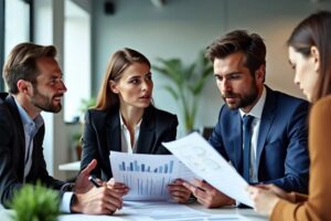 Menschen besprechen Finanzberichte im Büro