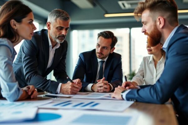 Geschäftsleute besprechen Finanzdokumente im Büro