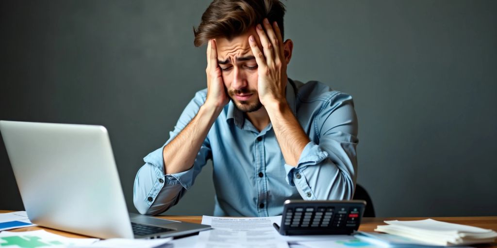 Person mit Laptop und Rechnungen am Schreibtisch