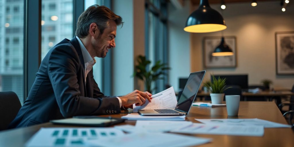 Geschäftsprofi prüft Finanzdokumente im modernen Büro.