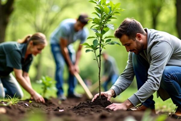 Menschen pflanzen Bäume im Park