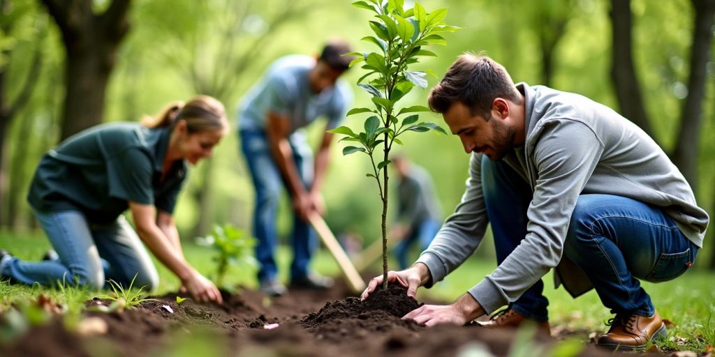 Menschen pflanzen Bäume im Park