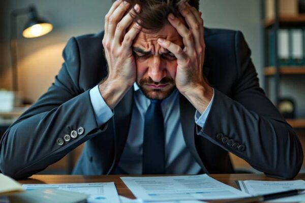 Gestresste Person im Büro mit Finanzdokumenten